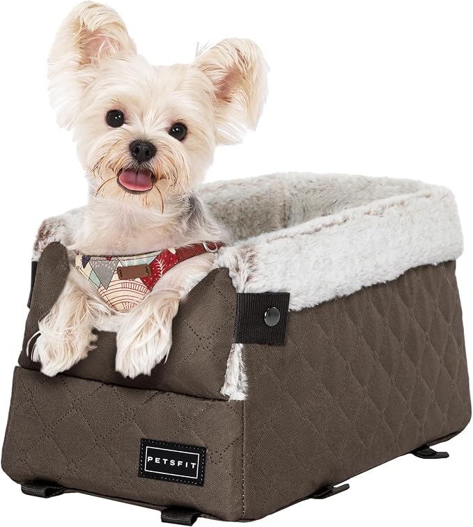 PETSFIT Dog Console Car Seat with Dual Adjustable Seat-Rail Anchor Hooks | Anti-Collapse Leather Armrest Booster Carseat with Safety Tether, Washable Cushion, Soft Pillow for Pets Under 8 lbs,Coffee