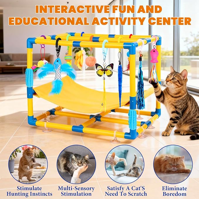 Cat Jungle Gym With Hanging Interactive Toys, Hammock Cat Activity Center | With Cat Self Groomer, Removable PVC Frame With Colored Spring Rope, Cat Enrichment Toys For Bored Indoor Adult Cats, Kittens
