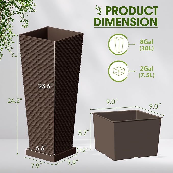 Devoko Resin Tall Planters for Outdoor Plants Set of 2, Large Taper Outdoor Planter Pots with 4 Drainage Holes, Flower Pots Modern Decor for Porch, Patio, Backyard, Garden(Brown, 23.6" with Trays)