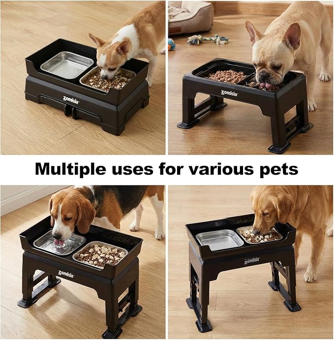 ZOMISIA Elevated Dog Bowls, 6 Height Adjustable Raised Dog Bowl Mess Proof | 3-in-1 Dog Bowl Stand, Double Deck Design, 2 Stainless Steel Bowls, Licking Plate, Feeding Station for Small Medium Large Pet
