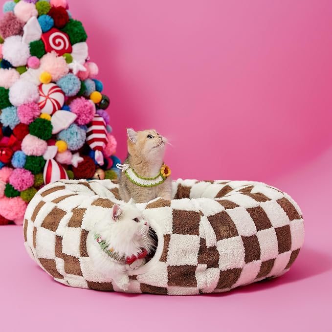Lesure Donut Cute Jacquard Cat Tunnel Bed Kitten Toys for Puppy Bunny | 33.5x33.5x10in,Round Cat Bed Tube for Indoor Cats Rabbit Dog,Pet Peekaboo Cave Toy,Spiral Hideaway,Washable Cushion,Brown