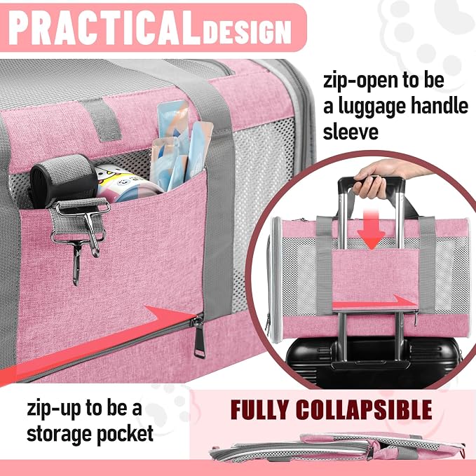 GAPZER Large Cat Carrier Soft, Collapsible Travel Pet Carry Bag, Small Dogs | Big Kitten Cat 20lbs Mainecoon, Top Open Travel Shih-Tzu Pet Kennel, Yorkie Small Dog 10 Pounds, 18x12x12, Durable Cloth Pink