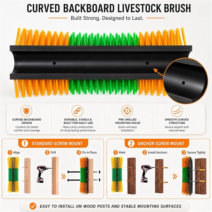 Bionic Curve Slim Livestock Scratching Brush for Cattle, Goats, Horses and Pigs - Space-Saving Farm Animal Scratcher Post, Narrow Mounted Livestock for Barns, Fences, Wooden Posts and Stall Corners
