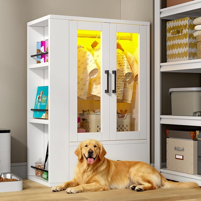 kepptory Pet Wardrobe Closet with LED Light, Side Storage Shelves & Drawer, White Pet Clothes Organizer Cabinet with Hanging Rod, Multi-Functional Pet Closet for Dogs & Cats Clothing, Toys