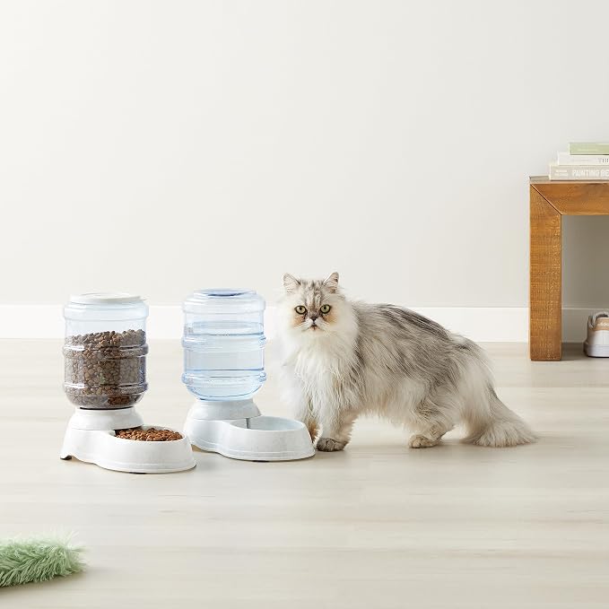 Amazon Basics Automatic Pet Water Dispenser and Gravity Food Feeder Set for Cat and Dog, Easy to Clean, 152fl.oz food feeder, 135.3fl.oz water dispenser, Small, Pack of 2