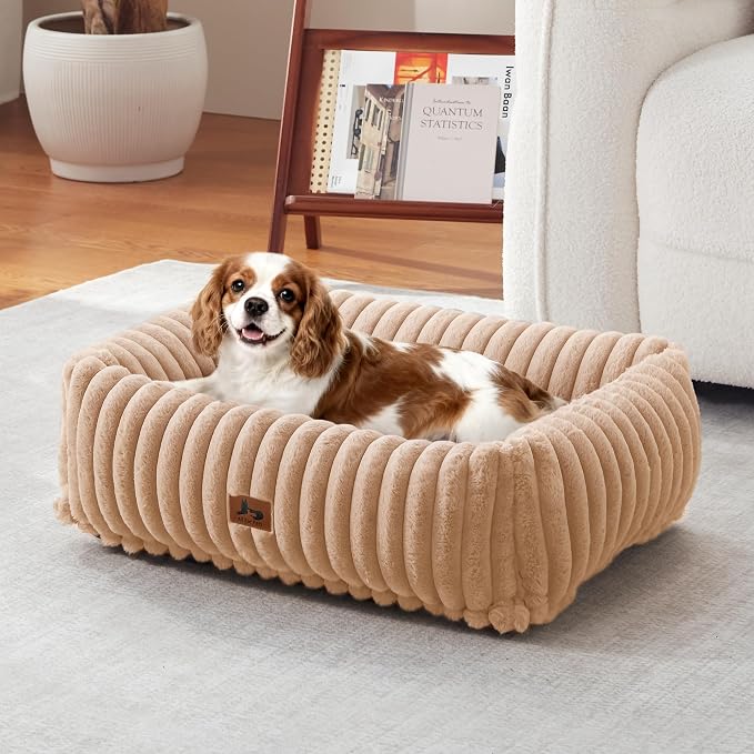 Washable Dog Bed Small Medium Size Dog, Rectangle Orthopedic Pet Bed for Car and Indoor,Fluffy Memory Foam Dog Beds with Anti-Slip Bottom,Camel(25x21x7inchs)