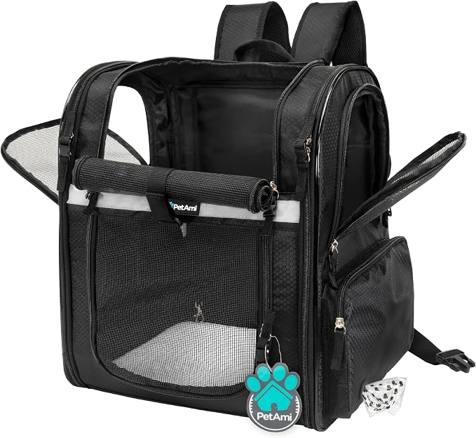 PetAmi Dog Backpack Carrier for Cats, 4-Way Entry Ventilated, 18 lbs, Black | Sherpa Bed Included, Foldable Load-In Top, Safety Reflective Strap, Breathable Mesh, Poop Bag Dispenser, Padded Back Support