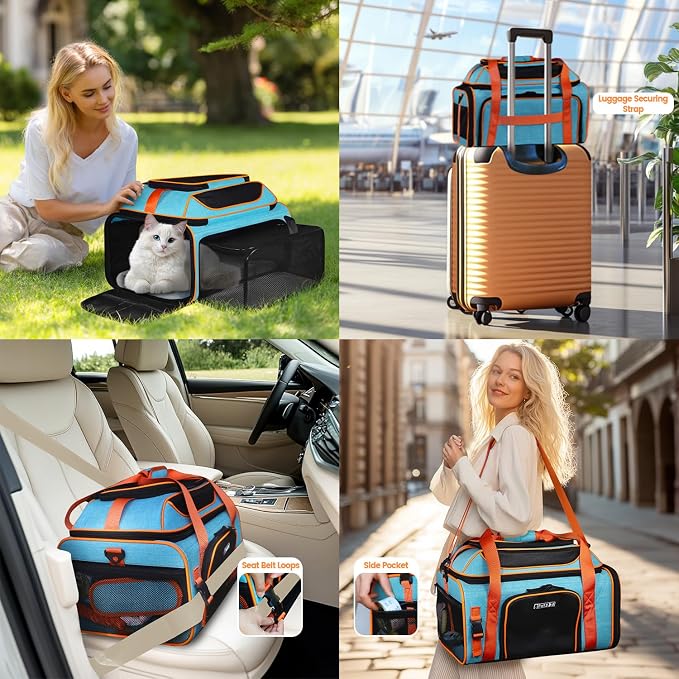 Top and Side Expandable Pet Carrier Airline Approved, Blue | 19"L x 13"W x 9"H, for Southwest Allegiant Airlines, Lockable Safety Zippers and Anti-Scratch Mesh, Pets Under 12 lbs
