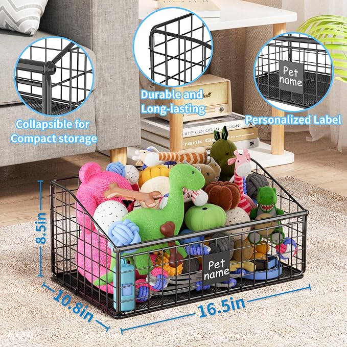 Kaiferty Indestructible Dog Toy basket, Medium Toy Box for Dogs,Pet Toy Bin Dog Metal Basket for Toys, Toy Storage Organizer, Toy Box for Living Room Area (Black)