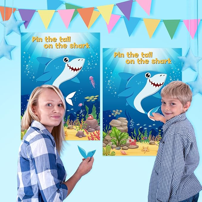 NEBURORA 2 Pack Pin The Tail on The Shark Party Game,2 Large 21"x 28" Posters with 48pcs Stickers for Multiplayer Shark Themed Birthday Party Supplies Decorations for Kids Boys Wall Home Decor