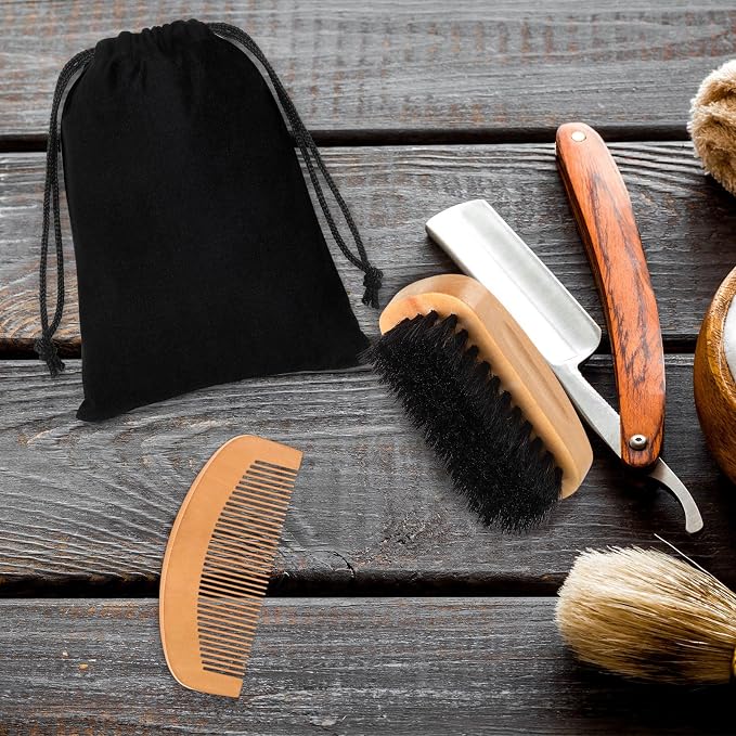 10 Sets Natural Boar Bristle Brush, Pear Wood Dual-Sided Wide Tooth Comb, Travel Pouch - Beard Grooming Kit for Men's Beard Care, Valentine's Gift (Rectangle)