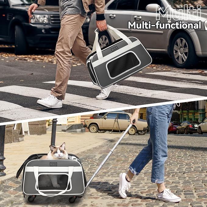 Petsfit Cat Carrier with Wheels, Removable Spinner Wheels, Up to 13 lb | Fits pets up to 15 L x 8 H in and 13 lb; removable spinner wheels, anti-sag frame, 4-sided mesh, safety tether and locks.