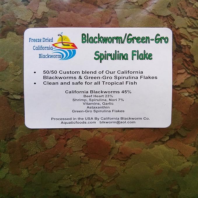 Aquatic Foods Inc. Flakes - 45% California Blackworm & Spirulina Green GRO Flake Mix for Discus, Cichlids, Tetras, Guppies, Live Bearers, Pond Fish, ATropical Fish - Premium AF Flakes - 1/2-lbs