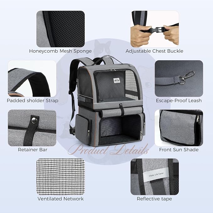 Double Cat Backpack Carrier for 2 Cats, Double-Compartment Pet Carrier Backpack for Two Small Cat or One Medium Cat, Cats Carrier Backpack Dog Carrier Backpack Fits Up to 24 Lbs,Grey