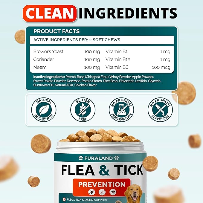 Flea and Tick Prevention for Dogs Chewables - Natural Dog Flea and Tick Treatment - Oral Control Pills - Vet Recommended Supplement - Skin & Coat Support Soft Chews - All Breeds & Sizes - Made in USA