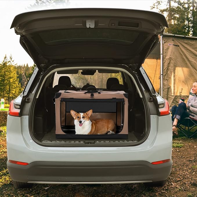 PETSFIT 30" Soft Portable Dog Crate – Patented Spiral Sturdy Frame, Collapsible Travel Kennel for Medium & Large Dogs, 3 Mesh Door, Lockable Zippers, Indoor & Car Use Khaki