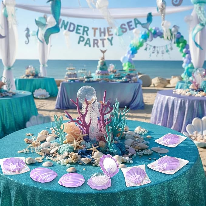 LemonRoad 24 Sets Mermaid Party Favors Shell Hair Brush with Mirror Card, Foldable Mini Travel Compact Hair Brush for Women Birthday, Bachelorette, Under The Sea, Beach Party Gifts(Purple)