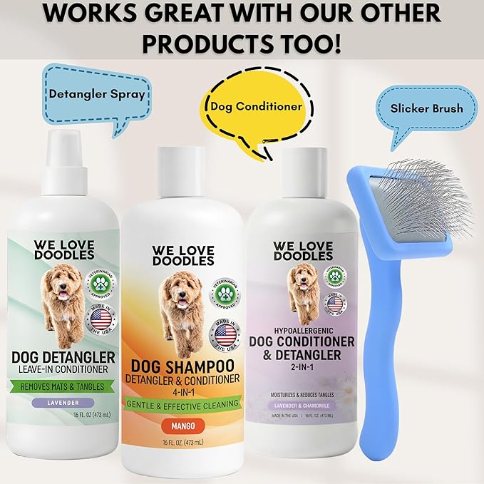 Dog Shampoo, Conditioner & Detangler - Best Shampoo for Goldendoodles, Poodles & Doodles Pet Hair - Hypoallergenic, Tearless, Sensitive Skin for Puppies & All Dog Breeds - Made in USA, 16OZ (Mango)