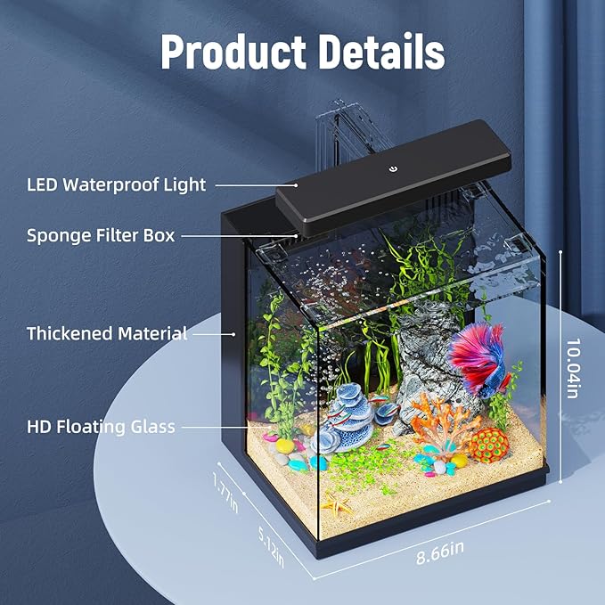 Betta Fish Tank, 2 Gallon All-in-One Aquarium Kit with Filtration & LED Light, Self-Cleaning Aquarium for Beginners, Kids, Gifts for Men,Teen Boys