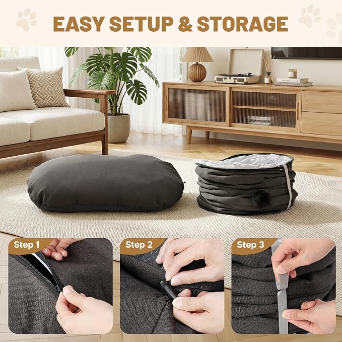 Extra Large Cat Tunnel, Cooling Natural Linen Big Tunnel for Cats 47.2in | Multi-Cat Family Long Cat Tunnel Bed with Washable Mat, Breathable & Durable Big Cat Tunnel for Cats, Dark Grey