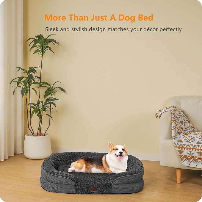 Dwanton Orthopedic Dog Bed for Medium Dogs with Gel Memory Foam, Waterproof Dog Sofa, Washable Pet Bed with Four Sided Bolster Cushion, Removable Cover & Non-Slip Bottom, 36", Plush-Dark Grey