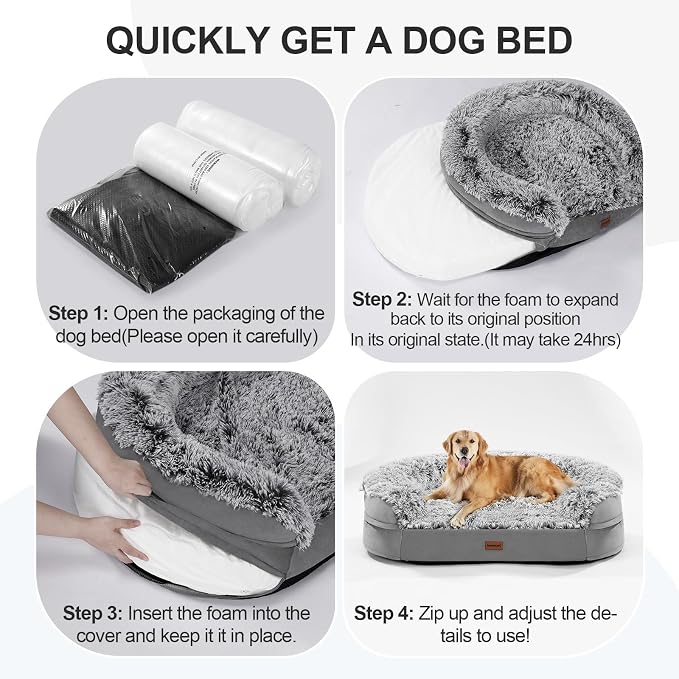 iweepet Fluffy Calming Orthopedic Dog Beds for Large & Extra Large Dogs, Supportive Dog Sofa Bed with 3.7 inch 28D Egg-Crate Foam, Removable Washable Plush Cover, Waterproof Lining,44’’,Grey