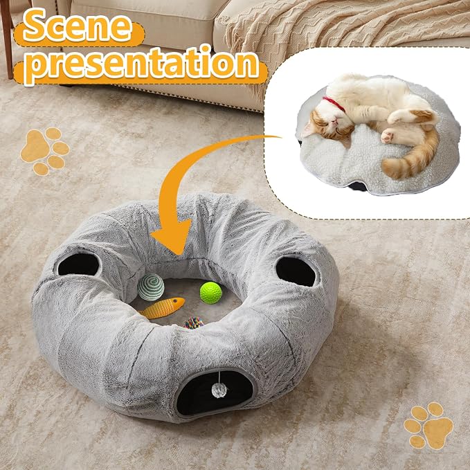WINDRACING Cat Tunnel Bed for Indoor Cats - Cute Cat Donut Tunnel with Washable Circle Cushion, Round Pet Play Toy for Kitten/Puppy/Rabbit, Grey