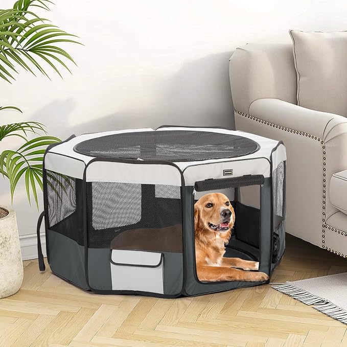 Dog Playpen Portable Pet Play Pens for Small Dog/Cat/Rabbit/Chicks, Cat Playpen Indoor/Outdoor with Carring Case, Removable Zipper Top and Bottom (Gray, Extra Large (55"x55"x30"), 8)