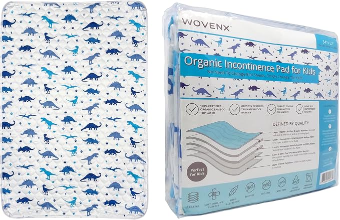 Organic Incontinence Pads for Kids & Toddlers - 5 Layer Waterproof Protectors for Overnight Bed Wetting - Reusable & Washable Pee Pads - Fits Twin to Full Size Beds - 34" x 52" Dinosaur