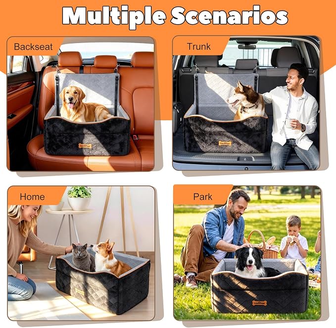 Dog Car Seat for Dog Under 50Lbs Medium or 2 Small Dogs Under 25Lbs | Booster Car Seat, Waterproof Cars Pet Bed with Thick Cushion & Safety Leash, Removable Pet Cars Seats for Travel