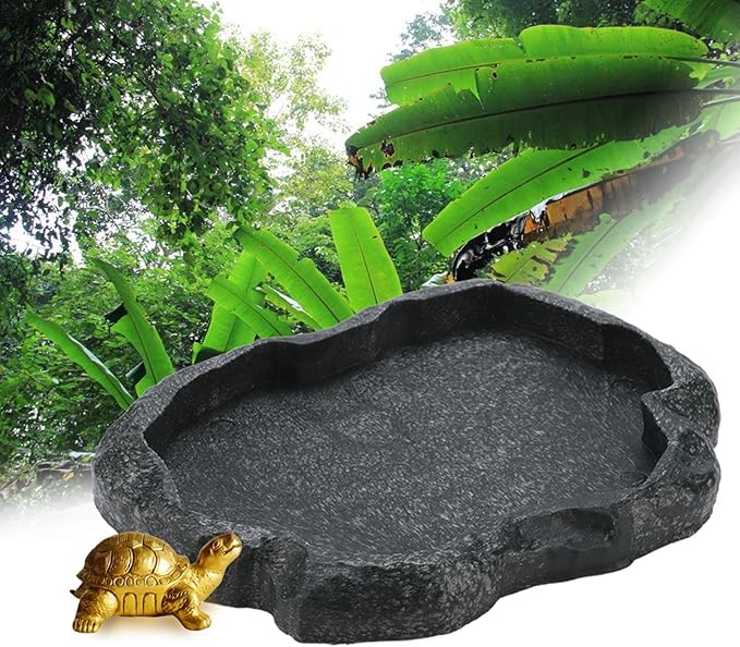 Tortoise Water Bowl - Reptile Water Food Dish Medium - Shallow Rock Reptile Feeder - Pet Aquarium Ornament Terrarium Dish Plate for Feeding Water Tortoise Lizard, 7.1 * 5.5 * 0.8in