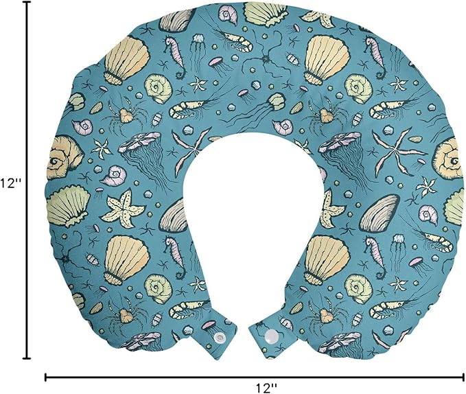 Ambesonne Under The Sea Travel Pillow Neck Rest, Summer Beach Theme with Hand-Drawn Clams Nautilus Jellyfish Shrimp Shapes, Memory Foam Traveling Accessory for Airplane and Car, 12", Cadet Blue