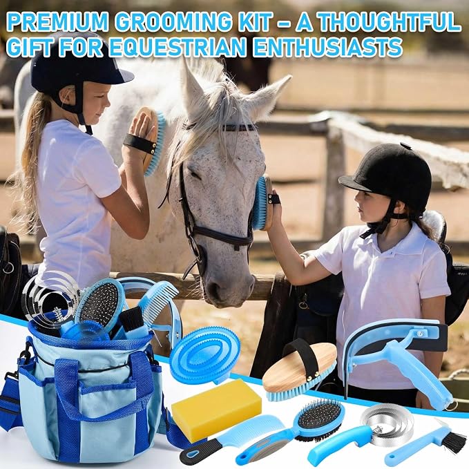 Cunhill 9 Pcs Horse Grooming Kit Tack Room Supplies Set with Tote Bag, Oval Massage Curry, Hard and Soft Brush, Hoof Pick, Sweat Scraper, Bathing Sponge, Comb for Horse Rider(Classic,Light Blue)