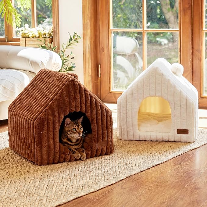 FUKUMARU Cat Bed Cave, Enclosed Washable Covered Dog Bed with Support Frame | Large Cat House for Indoor Cats, Cozy Cat Hideaway for Anxious Cats, Soft Plush Faux Fur Cat Tent Bed, Non-Slip Bottom, Cream