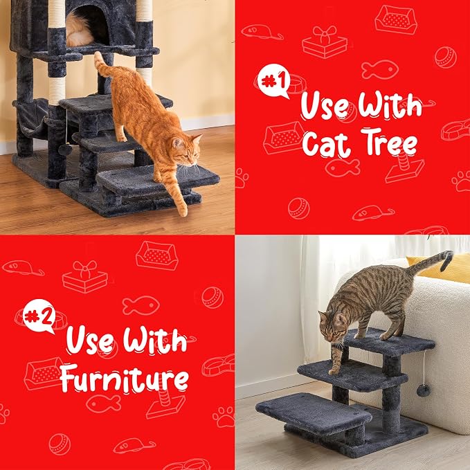 15''H Multi-Step Pet Stairs for High Beds & Sofas, 3-Step Cat Stairs with 2 Toy Balls, Wide Boards for Indoor Kittens Dogs Pets Climbing, Smoky Grey