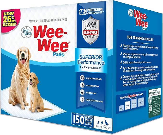 Four Paws Wee-Wee Superior Performance Dog Pee Pads, 150 Count | Quilted leak-proof puppy pads, dog housebreaking & potty training, 24-hour floor protection, pet supplies, 22" x 23"