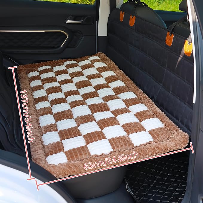 Dog Bed for Car, Backseat Pet Bed Mat, Dog Seat Cover for Car Back Seat, Non-Slip Travel Pet Mat, Fit for Backseat Extenders and Seat Covers (Brown&White, 24.8x54inch)