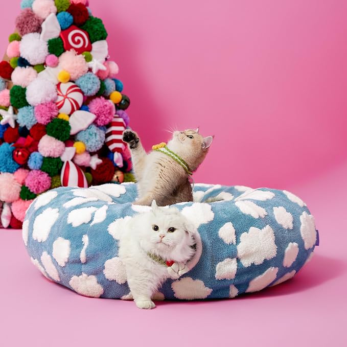 Lesure Donut Cute Jacquard Cat Tunnel Bed Kitten Toys for Puppy Bunny | 33.5x33.5x10in,Round Cat Bed Tube for Indoor Cats Rabbit Dog,Pet Peekaboo Cave Toy,Spiral Hideaway,Washable Cushion,Blue