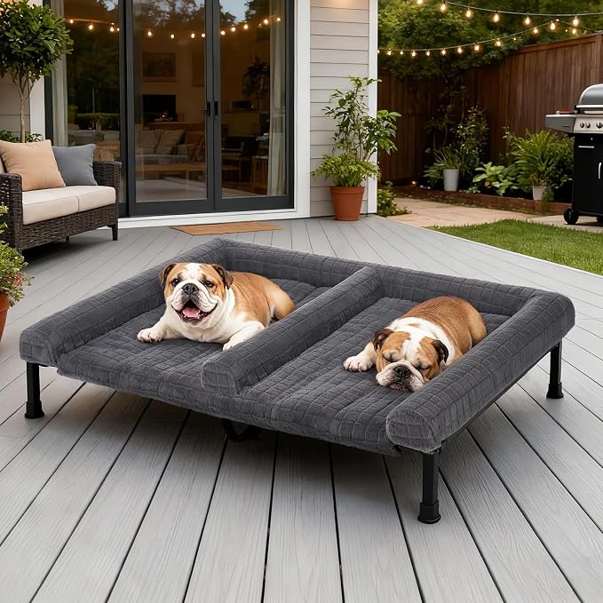 Veehoo Plush Double Dog Couch Bed for 2 Dogs, Washable Elevated Dog Bed | Cooling Raised Pet Cot with Removable Bolster Cushion, Breathable Mesh, No-Slip Feet, 53 x 37 inches, Grey