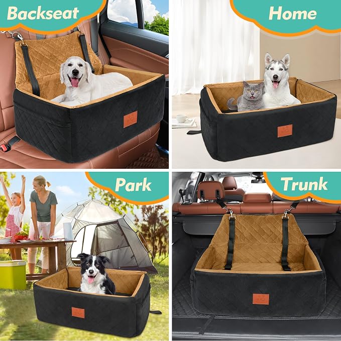 Dog Car Seat for Large Medium Sized Dogs, Washable Car Dog Bed Under 55 lbs | Dog Booster Seat for 2 Small Dogs, Elevated Cushion, Detachable Cover, Pet Car Seat with Storage Pockets, 2 Safety Belts