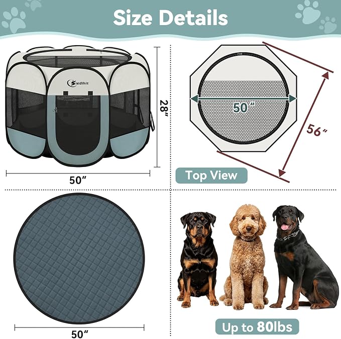 Siedihit Dog Playpen Tent Crate Cage with Washable Pee Pad, Ex-Large Grey | Travel Camping Portable Pop Up Easy to Set up lightweight dog Kennel with Carrying Bag for Indoor/Outdoor Wide applicability