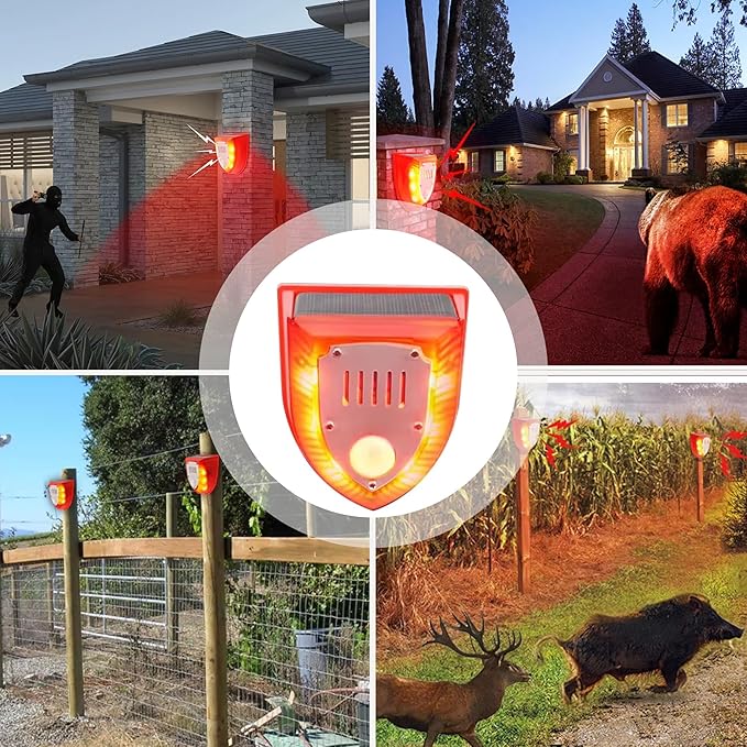 Alarme solaire extérieure à détecteur de mouvement : Aboyements de chien et coups de feu 129 dB, alarme sonore de détecteur de mouvement, lampe d'avertissement stroboscopique avec aboiements de chien (911V 1 Pack)