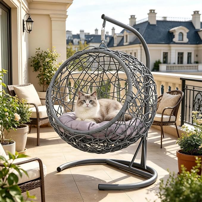 Hanging Cat Swing Bed with Stand, Rattan Egg Chair for Cats | Rattan Egg Chair Design, Soft Cushion, Stable Stand, Cozy Swinging Resting Spot For Cats And Small Dogs