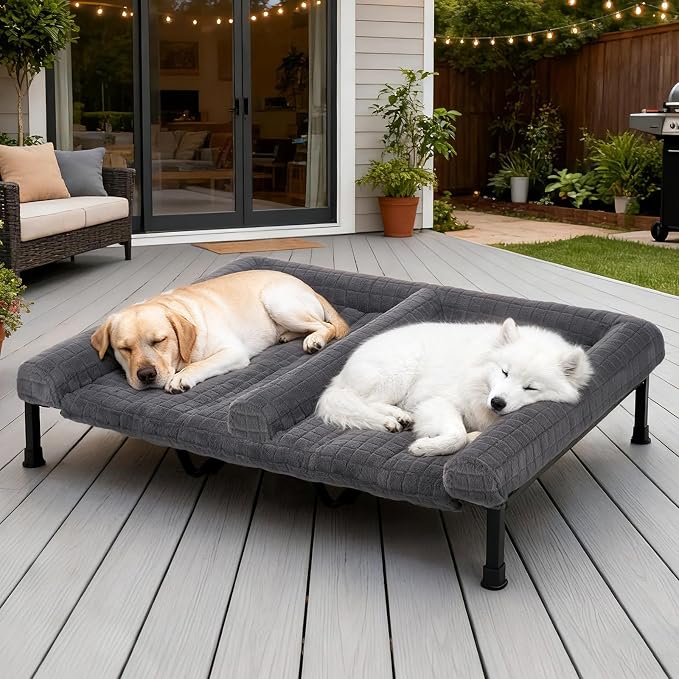 Veehoo Plush Double Dog Couch Bed for 2 Dogs, Washable Elevated Dog Bed | Cooling Raised Pet Cot with Removable Bolster Cushion, Breathable Mesh, No-Slip Feet, 59 x 37 inches, Grey