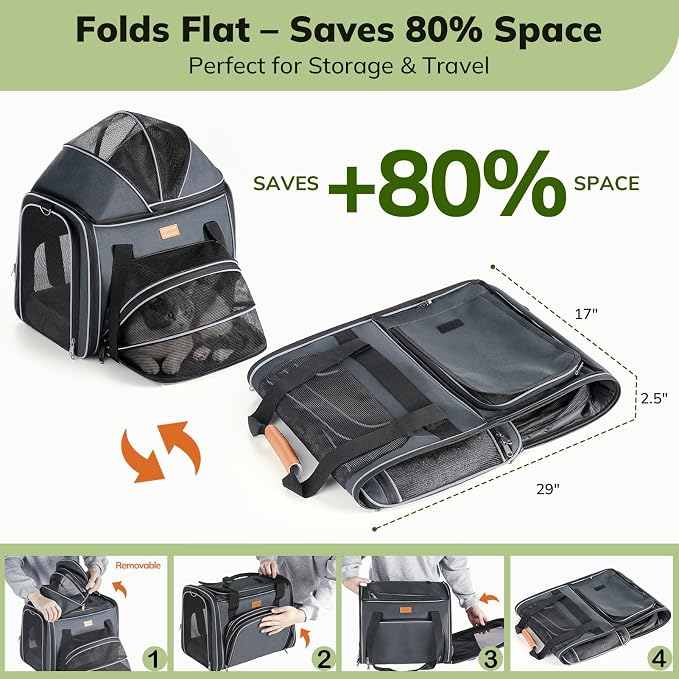 Morpilot Top and Side Expandable Cat Carrier for Pets up to 20lbs | Airline Approved Collapsible Soft-Sided Pet Carrier for Car Rides and Vet Visits (Dark Gray)