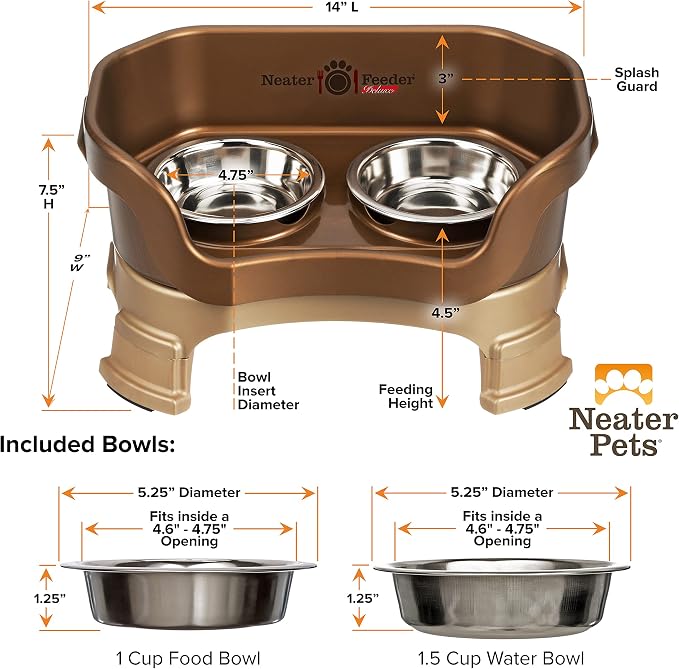 Neater Feeder Deluxe Mess-Proof Elevated Cat Bowls, 2 Height Adjustable (6” & 7.5”) No-Spill Raised Cat Bowl Stand, Whisker Friendly Stainless Steel Dishes for Indoor Cats, Made in USA, Bronze
