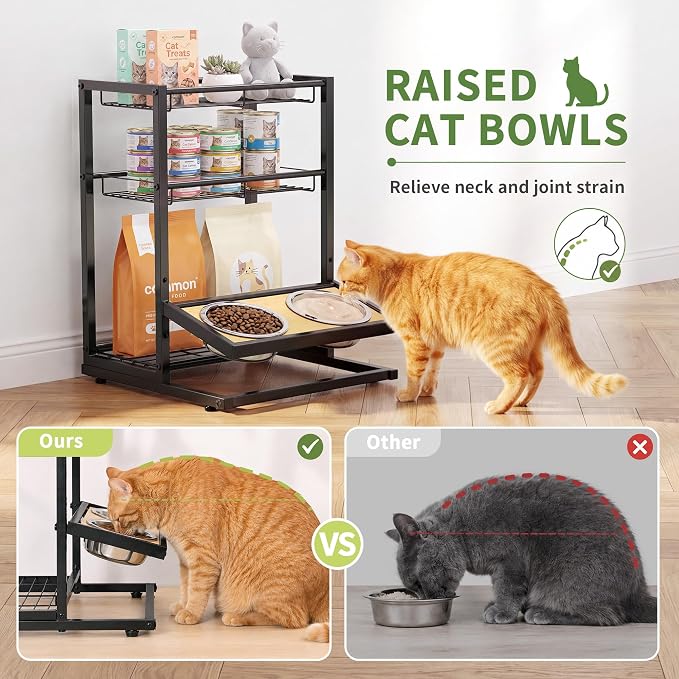 Elevated Cat Bowl Stand Feeding Station, 3-Tier Cat Food Organizer & Storage, Pet Feeding Station with Cat Table, Cat Food Stand for Large Medium Cats, 3 Height Adjustable, Black