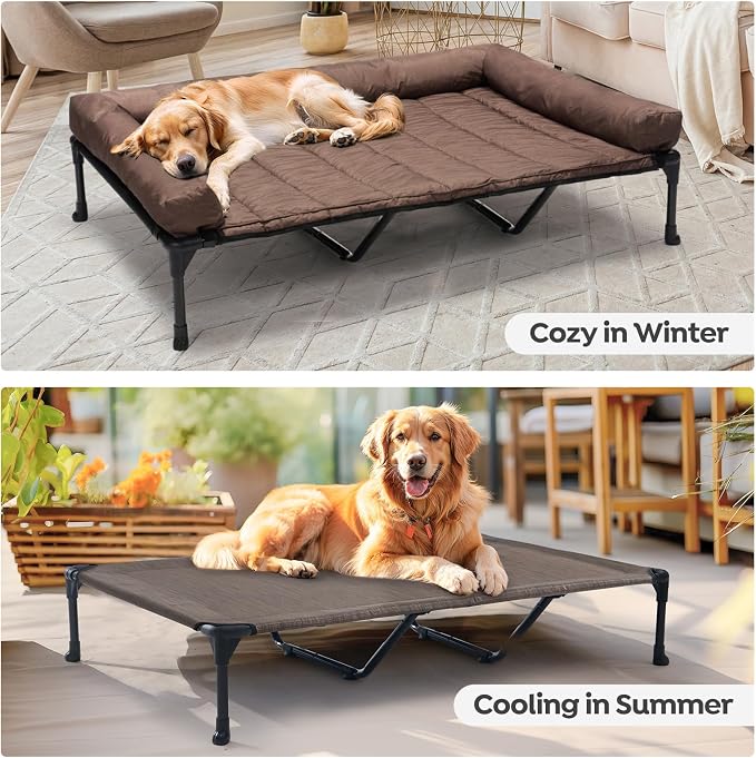 Veehoo Cooling Elevated Dog Bed Add Removable Waterproof Bolster Cushion Mat, Raised Pet Cot with Breathable Teslin Mesh, No-Slip Feet, Dog Sofa Bed for Indoor Outdoor, XXLarge, Brown CWC2331B