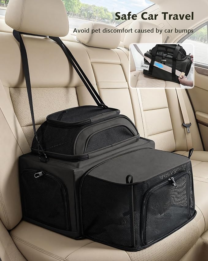 Pecute Top Expandable Airline Approved Pet Carrier for Cats, Dark Gray | Top side expandable, breathable scratch-resistant mesh, leakproof pee pad, locking zippers, foldable travel bag under 11lbs