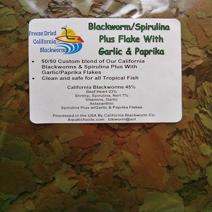 Aquatic Foods Inc. 45% California Blackworm & Spirulina with Garlic, Paprika Flake Mix for Discus, Cichlids, Tetras, Guppies, Live Bearers, Pond Fish, All Tropical Fish Premium AF Flakes - 1/2-lb